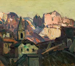 Hans Josef Weber Tyrol, View onto the rose garden, oil on cardboard
