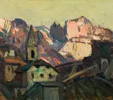 Hans Josef Weber Tyrol, View onto the rose garden, oil on cardboard