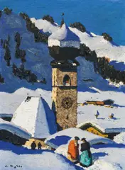 Alfons Walde, 'Tiroler Bergdorf' (Auracher Kirchl), 1956, oil on cardboard