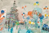 Kurt Moldovan, Toboggan at the Viennese Prater, 1975, watercolour on paper