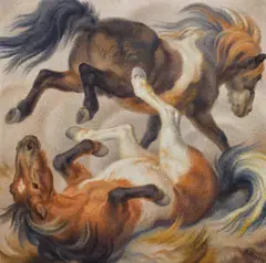 Norbertine Bresslern-Roth, Fröhliche Ponys, 1964, oil on jute
