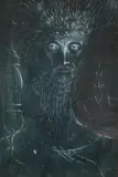 Ernst Fuchs, Head of the prophet with the egg of the world (Moses), 1948, white India ink on paper; framed