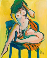 Alfred Kornberger, seated nude infront of yellow, 1996, acrylic on canvas; unframed