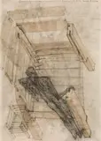 Walter Pichler, Mann, in Betrachtung einer Kiste (St. Martin), 1979, mixed media on paper; framed