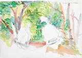 Maria Lassnig, Zwei im Garten; Der scharfe Technische Schnittstrich