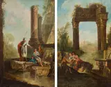 Landscape with ruins and staffage (counterparts) by circle of Angelo Maria Costa, oil on canvas, offered Oct 2017