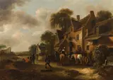 Klaes Molenaer, Resting horses in front of a farmstead, oil on panel