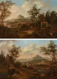 Landscape with figures (counterparts) by circle of Johann Christian Brand, oil on panel, offered Oct 2017