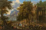 Jan Baptist van der Meiren, Landscape with hunting society, travellers and sheperds in front of a ruin, oil on panel