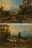 Landscape with peasants & landscape with travellers and cattle (counterparts) by Théobald Michau, oil on panel, offered Oct 2017