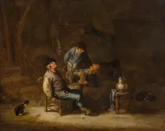 Adriaen van Ostade, Three peasants with dog and cat, c. 1637, oil on panel, parqueted