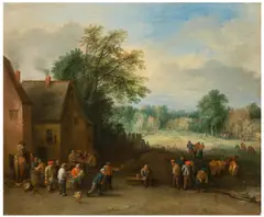 Landscape with farmers by Théobald Michau, oil on canvas, sold Oct 2017