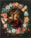 Christ carryig the cross in a garland of flowers by Jan Brueghel the Younger, oil on copper, offered Oct 2017