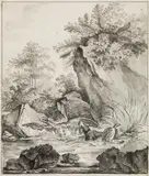 Hound attacking a big water bird by Johann Elias Ridinger, pen, wash, in passe-partout, unframed, sold Oct 2017