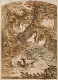 Wolf getting caught in a trap ("Wie der Wolff mit der Enten auf die Scheiben gebracht and in der Grube gefangen wird") by Johann Elias Ridinger, 1749, bistre, wash, in passe-partout, framed, sold Oct 2017