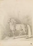 Horse turned to the left by Johann Elias Ridinger, pencil, watermark (coat of arms with Strasbourg lily) with additional mark („VDL“), unframed, in passe-partout, sold Oct 2017