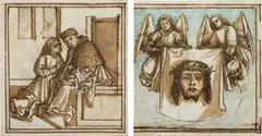 South German Master, Depiction of a confession (recto) & Veil of Veronica carried by angels (verso), pen and ink in brown, brown, blue, red and green wash, framed