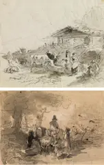 Friedrich Gauermann, Mixed lot 2 studies: Farmer with cattle ("Sennerin mit Rindern auf der Falz-Alpe"); Welcoming the horseman ("Begrüßung eines Reiters"), pencil on paper, wash, unframed
