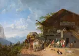 Heinrich Bürkel, Resting in front of a tavern in the mountains