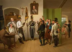 Carl Schindler, Der Schwur zur Fahne des Kürassierregiments Kaiser Ferdinand, oil on metal