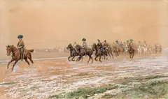 Ludwig Koch, Emperor Franz Joseph I. on horseback with his staff, 1902, mixed media on paper on canvas