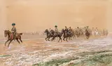 Ludwig Koch, Emperor Franz Joseph I. on horseback with his staff, 1902, mixed media on paper on canvas