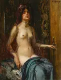 Eduard Veith, Semi-nude woman with a sword, oil on panel