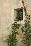 Marie Egner, Hollyhocks in front of a window - study