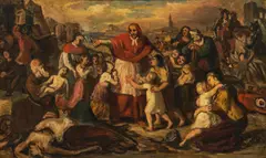 Carl Rahl, Graf Kolonitz, bishop of Neustadt, leading the children of the murdered Christian prisoners out of the camp into the city after the Turkish Siege of Vienna in 1683, c. 1853, oil on canvas