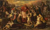 Carl Rahl, Graf Kolonitz, bishop of Neustadt, leading the children of the murdered Christian prisoners out of the camp into the city after the Turkish Siege of Vienna in 1683, c. 1853, oil on canvas