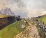 Marie Egner, Turn and fence with the Grödner Joch (Dolomiten) in the background