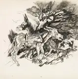 Two load donkeys in a storm by Ludwig Heinrich Jungnickel, charcoal on paper, sold Oct 2017