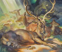 Norbertine Bresslern-Roth, Ruhende Hirsche, 1944, oil on jute