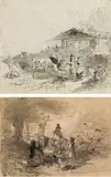 Friedrich Gauermann, Mixed lot 2 studies: Farmer with cattle ("Sennerin mit Rindern auf der Falz-Alpe"); Welcoming the horseman ("Begrüßung eines Reiters"), pencil on paper, wash, unframed