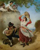 Anton Romako, Roman tarantella dancer with tambourine and a mandolin player