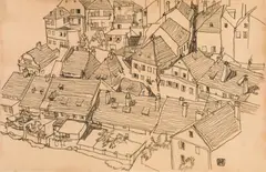 Egon Schiele, Houses in Krumau, 1917, black chalk on paper