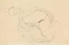 Gustav Klimt, Lying semi-nude with bent left leg, 1912/13, pencil, blue and red colour pencil on paper