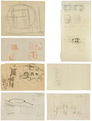 Adolf Loos, Mixed lot wit 8 studies: design studies, plans and sketches for the Villa Stoessl and others, various techniques on paper, unframed
