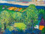 Leopold Birstinger, Colourful fields in green landscape, 1970-74, oil on panel
