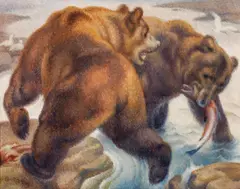 Norbertine Bresslern-Roth, Fischende Bären, 1977, oil on jute