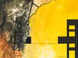 Hubert Fischlhammer, Die goldene Botschaft, 2015, mixed media, collage on paper; framed