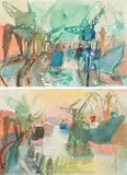 Kurt Moldovan, Hamburger Hafen (Doppelbild), 1969, watercolour on paper; doubleframed
