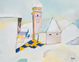 Ernst Insam, Auracher Kirche, acrylic on hardboard; framed