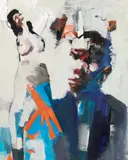 Paul Meissner, Maler mit Modell, 1980, acrylic on hardboard; framed