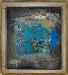 Willy Valier, Komposition in Blau, mixed media on wood; framed