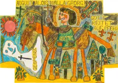August Walla, Untitled (God riding on a horse), mixed media on paper; unframed