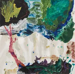 Max Weiler, Blauer Baum mit violettem Stamm, 1989, egg tempera and graphite pencil on canvas; framed
