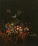 Huybert van Westhoven, Still life with cup, fruits and vine branches on a red tablecloth, oil on canvas