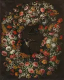 Garland of flowers with two birds by circle of Giovanni Stanchi, oil on canvas, sold Apr 2017