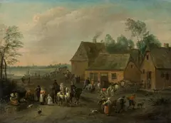 Carel Breydel, Village scene on a river bank, oil on panel